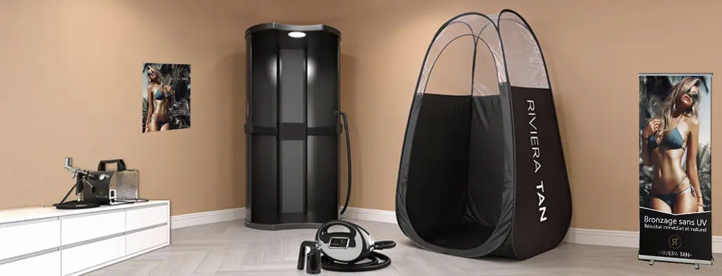 Équipement de spray tan professionnel Riviera Tan avec turbine et cabine de bronzage en institut