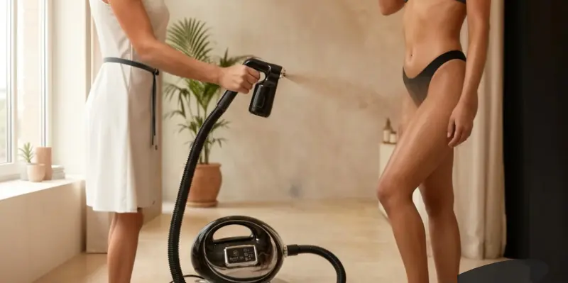 Application de lotion bronzante avec la turbine Spray Tan Riviera Tan 3V sur les jambes d'une cliente
