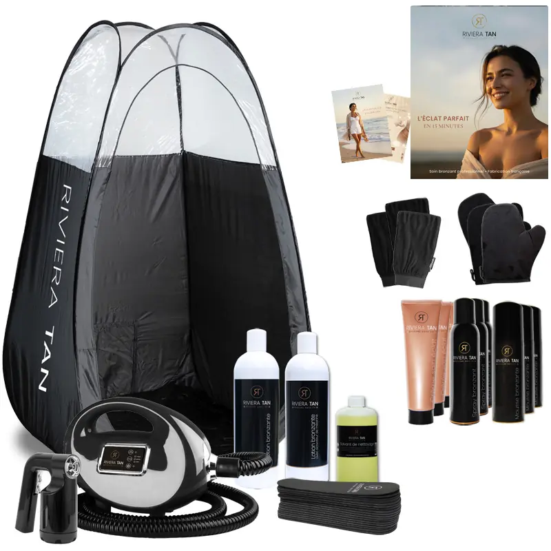 Kit complet Spray Tan professionnel Riviera Tan : turbine de pulvérisation, tente mobile et lotions bronzantes fabrication française