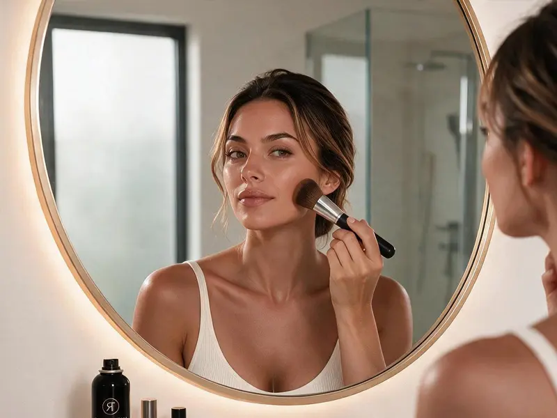 Application du Spray autobronzant Riviera Tan au pinceau kabuki sur le visage