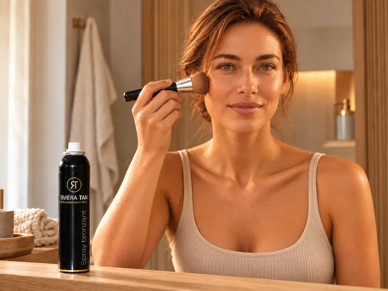 Application du Spray bronzant Riviera Tan avec le pinceau kabuki
