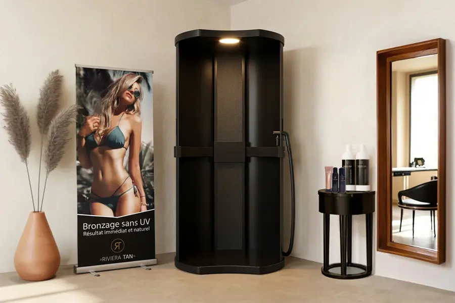 Cabine fixe Black Riviera douche autobronzante professionnelle pour institut de beauté avec aspiration intégrée