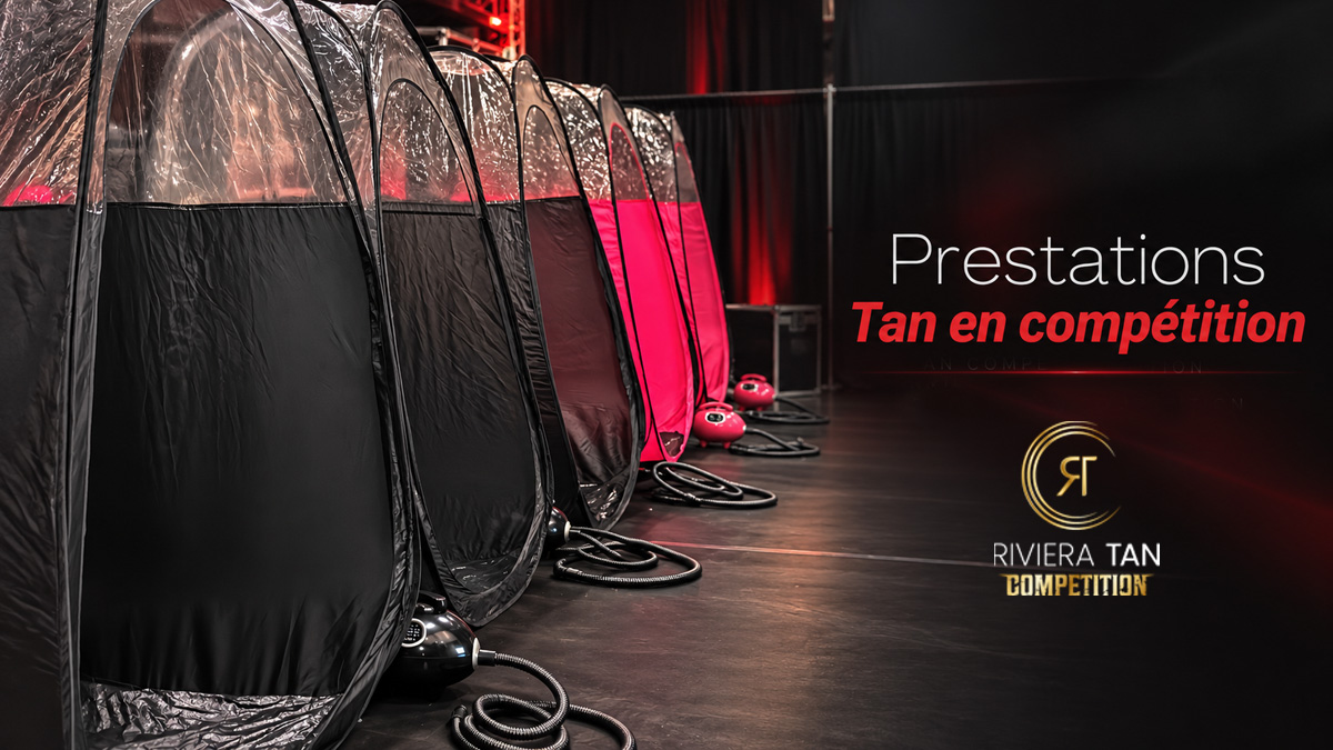 Cabines de tanning Riviera Tan Compétition installées lors d'une compétition de bodybuilding