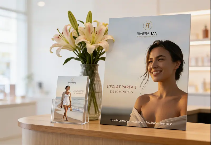 Kit PLV Riviera Tan Pro : affiche chevalet 40x50 cm et présentoir de flyers de communication pour institut de beauté