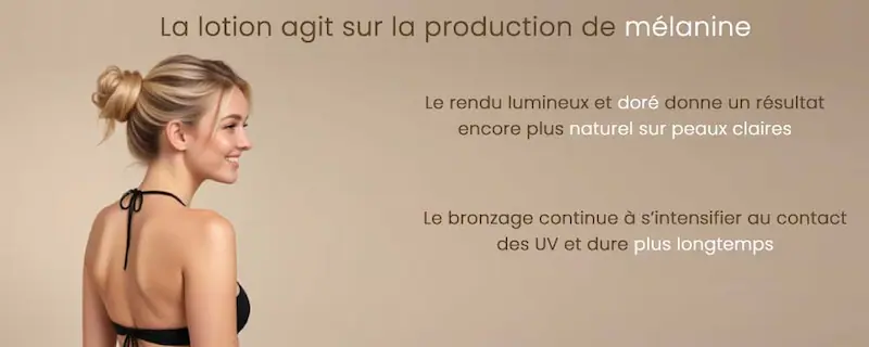 Rendu naturel doré de la lotion bronzante avec activateur de mélanine Riviera Tan sur peau claire