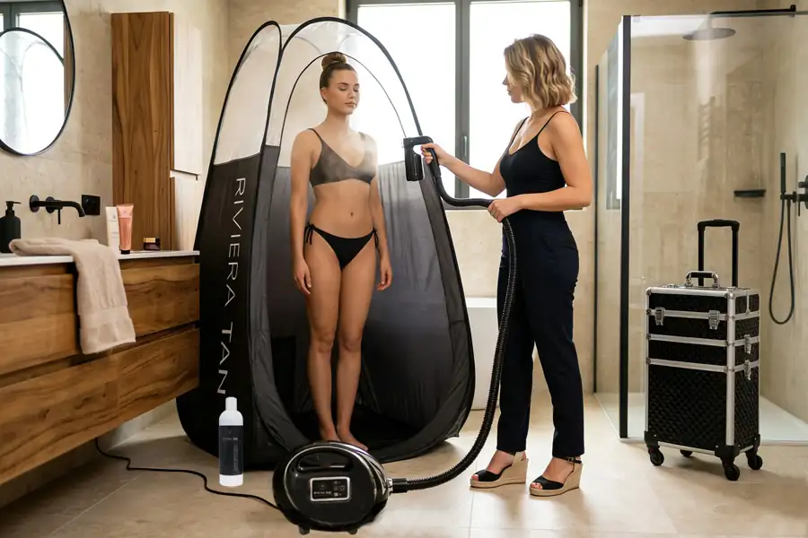 Séance de spray tan professionnel à domicile avec le Pack Mobile Riviera Tan : tente pop-up, turbine et mallette trolley.