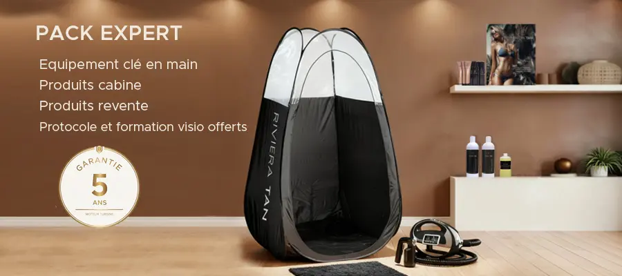 Kit complet de bronzage spray tan Pack Expert Riviera Tan avec turbine garantie 5 ans, tente de tanning et stock de produits de revente pour institut de beauté