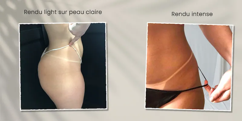 Comparatif avant après spray tan Riviera Tan avec rendu léger sur peau claire et rendu intense