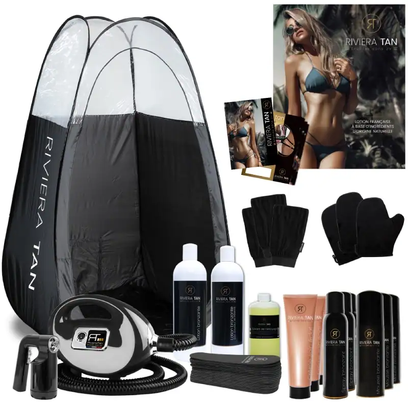 Kit complet Spray Tan professionnel Riviera Tan : turbine de pulvérisation, tente mobile et lotions bronzantes fabrication française
